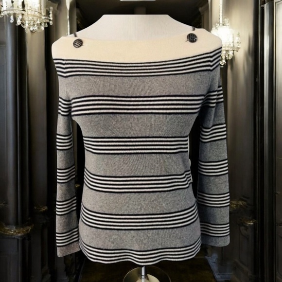 CHANEL Sweaters - CHANEL 100% CASHMERE STRIPPED BATEAU NECK CHAIN BUTTON SWEATER SIZE 36